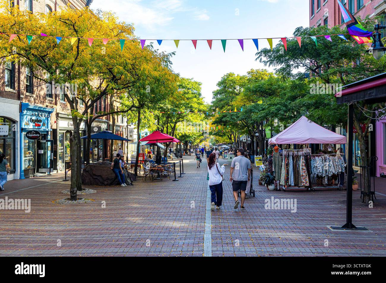 Shopper im Church Street Marketplace in Burlington, Vermont, einer belebten Fußgängerzone mit Geschäften, Cafés im Freien und Straßenverkäufern. Stockfoto