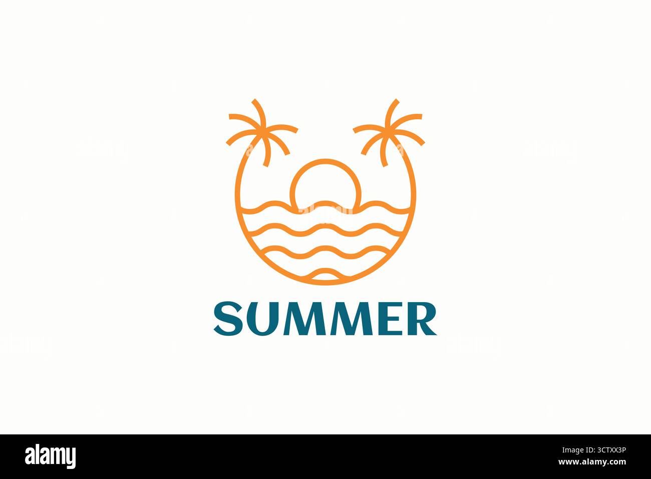 Strand Sommer Abstraktes Logo Abzeichen Linear Stil Tropischer Urlaub Sonnenuntergang Stock Vektor