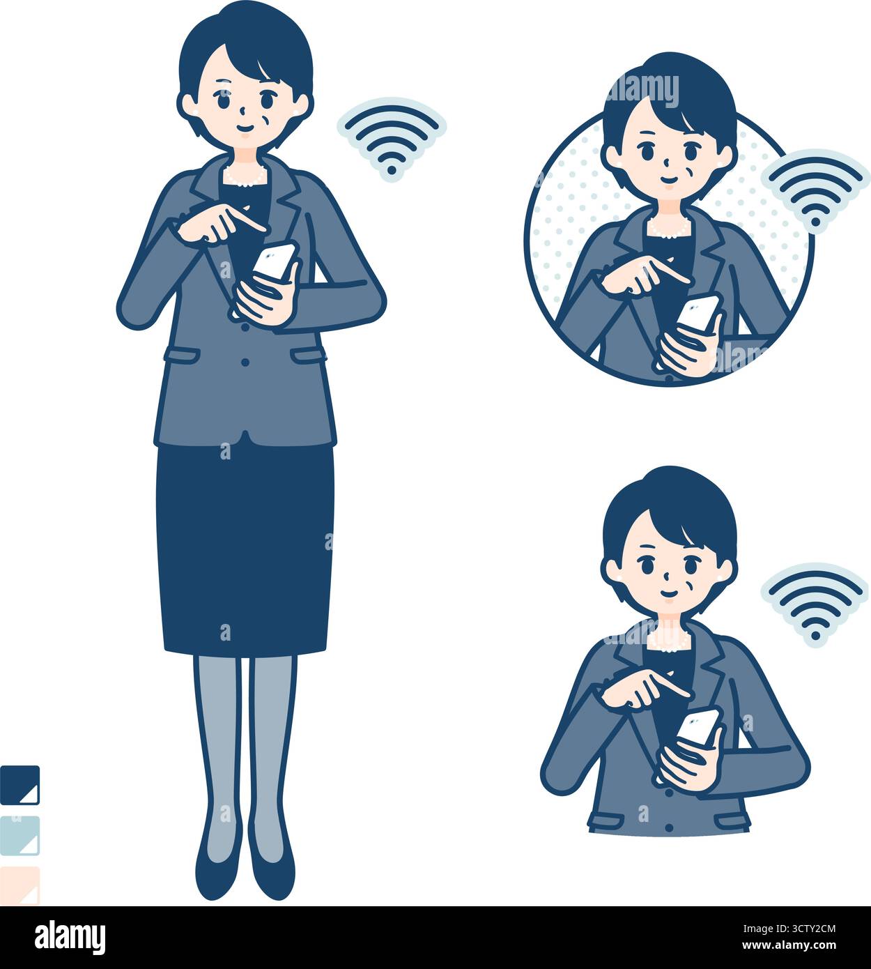 Eine Geschäftsfrau mittleren Alters in einem Anzug mit Smartphone-Bildern. Es ist Vektorgrafik, sodass es einfach zu bearbeiten ist. Stock Vektor