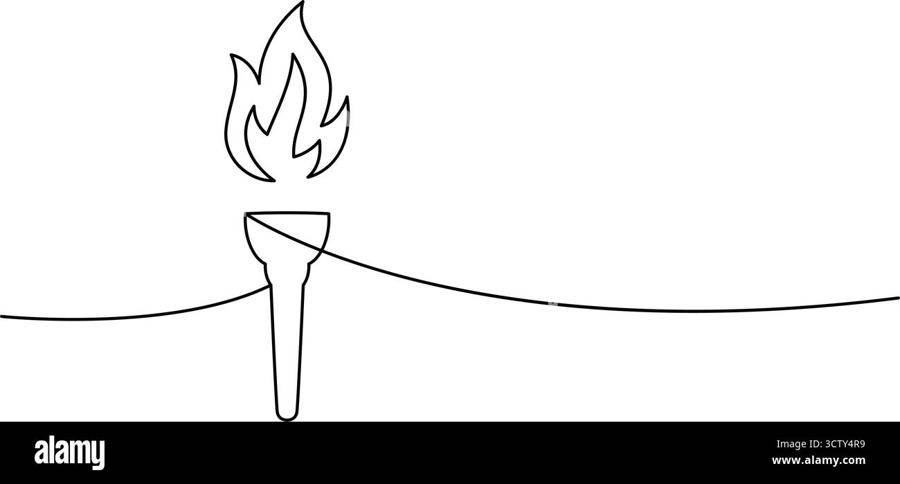 Taschenlampe mit Flamme, die in einer durchgehenden Linie gezogen wird. Perfekt für Symbole, Protestgrafiken, Freiheitssymbole und minimalistische Vektordesign-Projekte. Stock Vektor