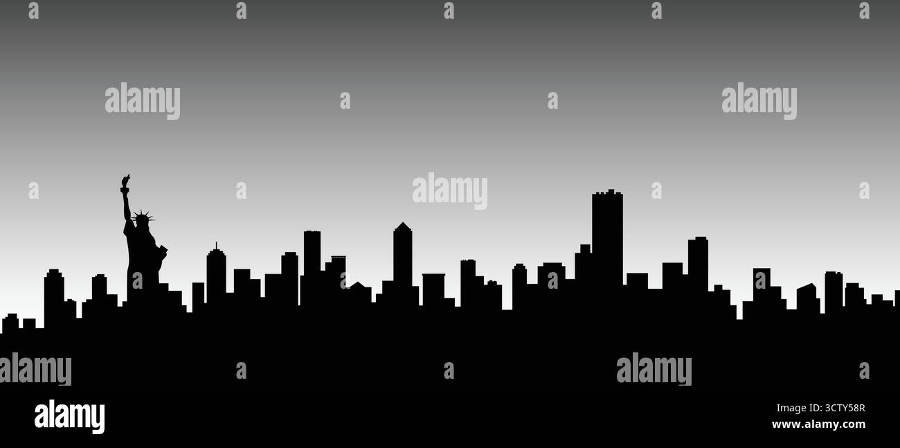 Stilisierte Silhouette einer modernen Skyline der Stadt mit der unverwechselbaren Freiheitsstatue vor einem glatten grauen Hintergrund Stock Vektor