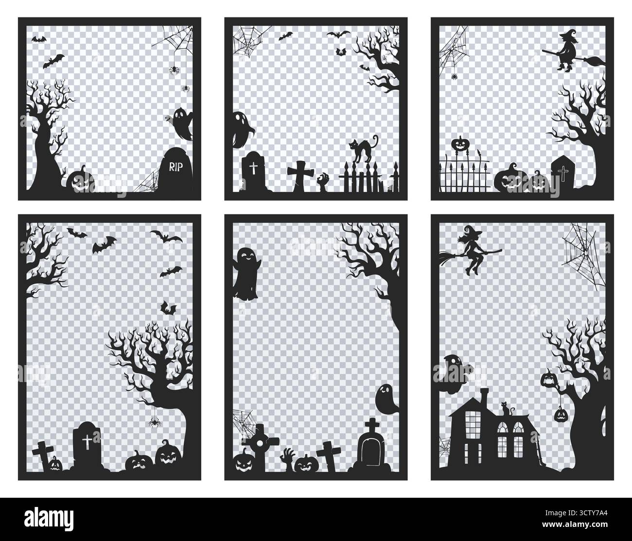 Halloween-Bilderrahmen mit Kürbissen, Hexe, Geist Stock Vektor