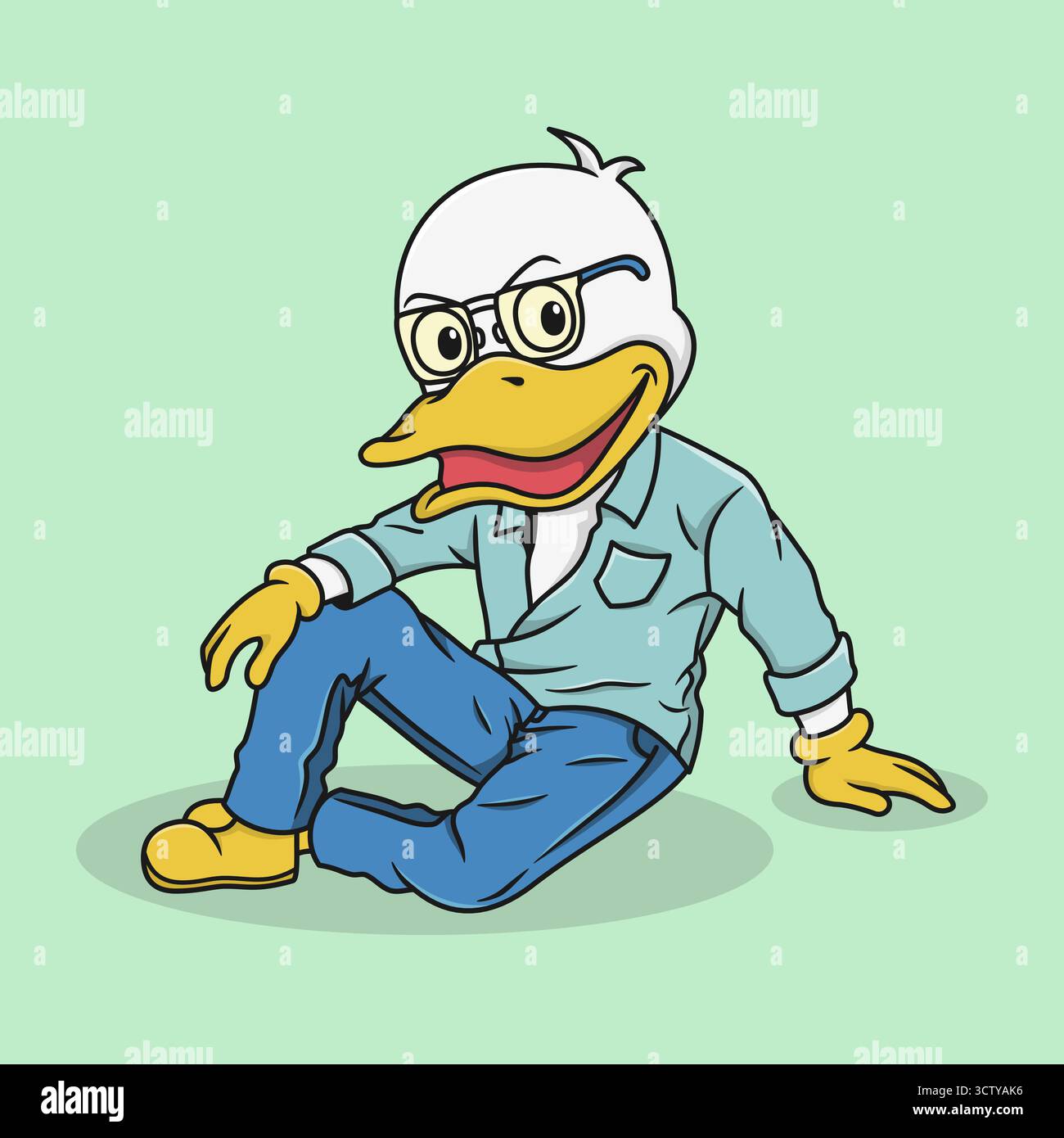 Cartoon-Entenfigur trägt Brille und lässige Kleidung im Sitzen Stock Vektor