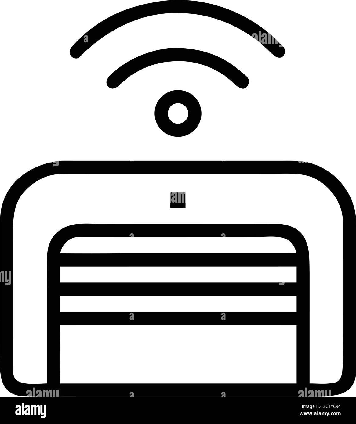 Ein minimalistisches Line-Art-Symbol, das einen intelligenten Garagentoröffner mit drahtloser Konnektivität darstellt und die moderne Heimautomatisierung und den Fernzugriff symbolisiert Stock Vektor