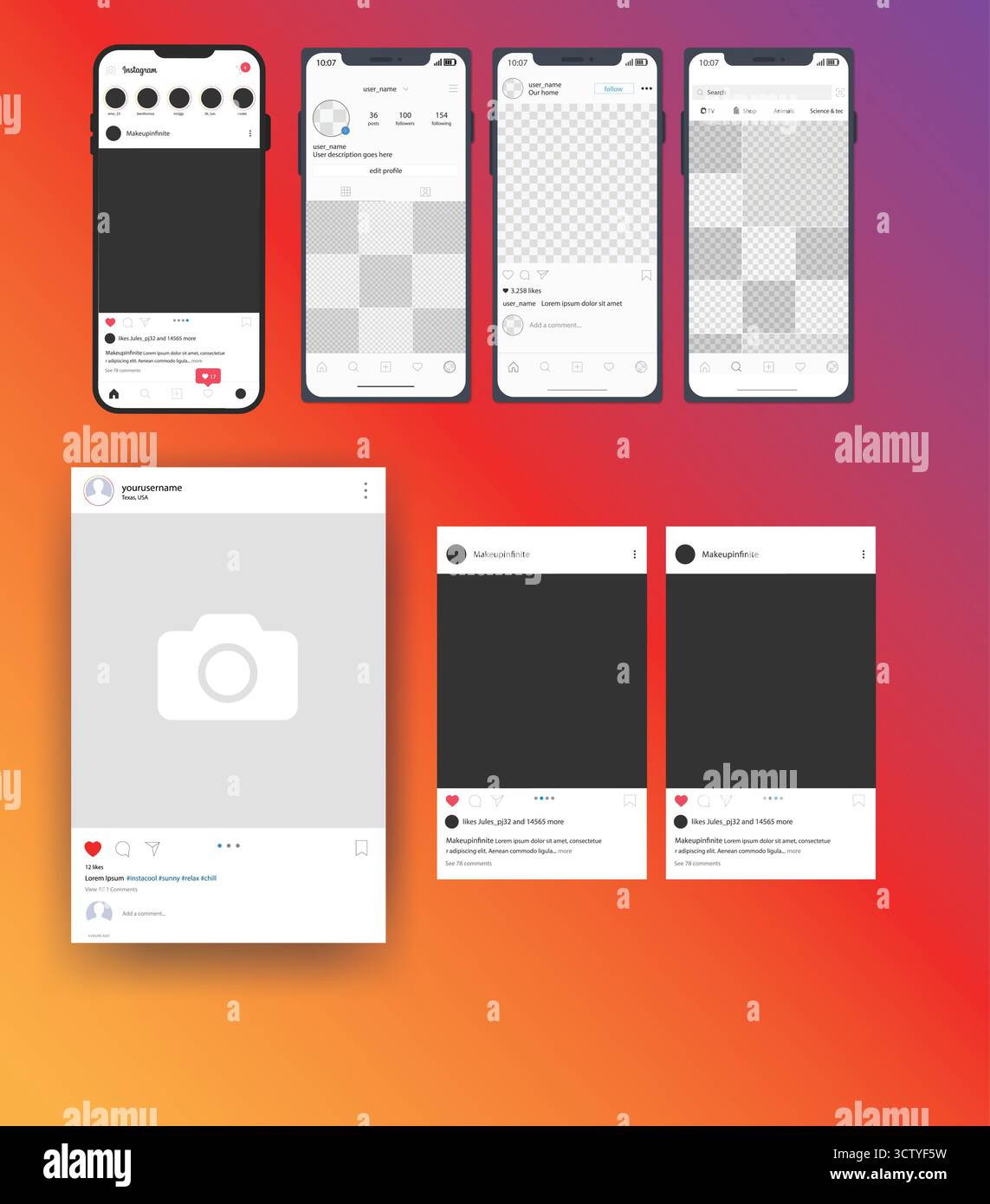 Instagram-Feed-Modell. Vorlage für Social-Media-Modelle. Instagram Post Frame Karussell Vorlage. Bildschirmschnittstelle auf dem iPhone-Smartphone. Story veröffentlichen Stock Vektor