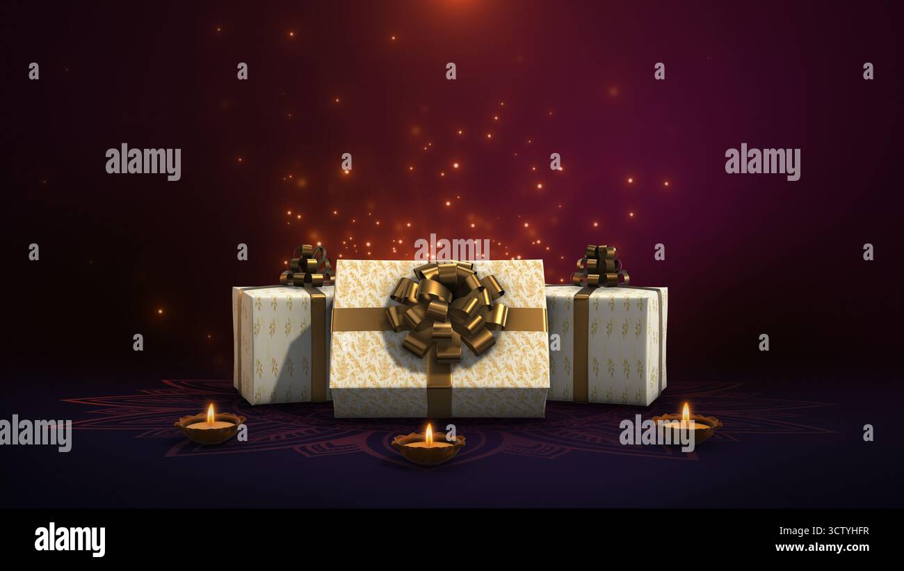 Festliche Geschenkboxen mit leuchtenden Diyas und goldenen Partikeln Stockfoto
