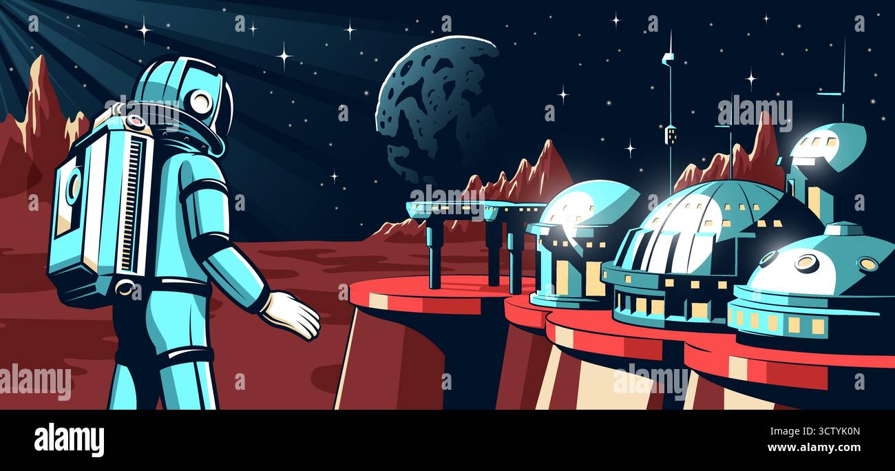Ein Astronaut in einem Raumanzug schaut sich eine Marskolonie an Stock Vektor
