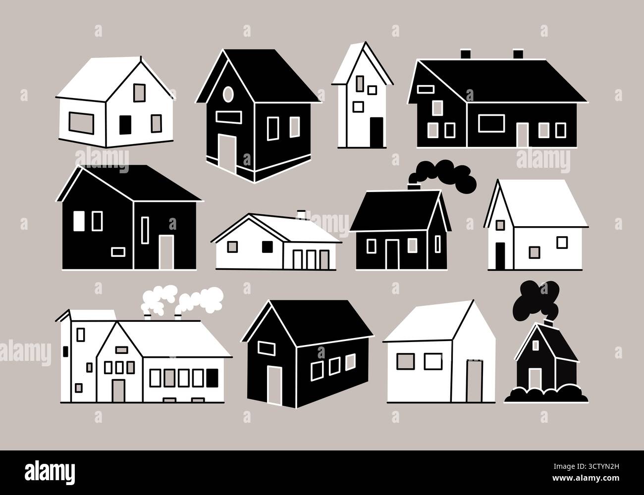 Verschiedene schwarz-weiße kleine und winzige Häuser in verschiedenen Formen, Größen und Winkeln im Comic-Stil. Kreative handgezeichnete Illustrationen Häuser. Stockfoto