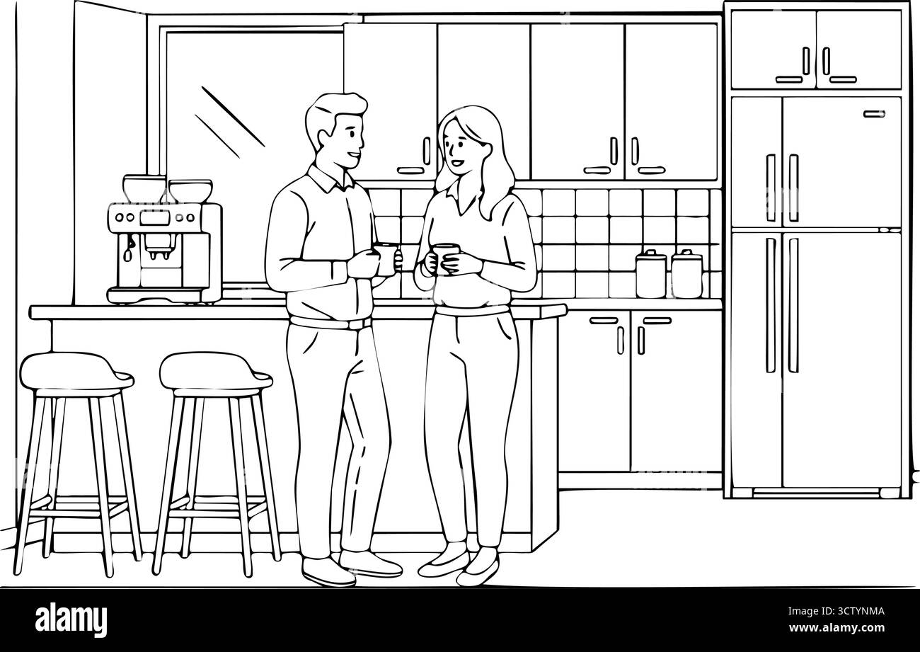 Geschäftskollegen sprechen in Büro Küche Line Art Illustration Stock Vektor