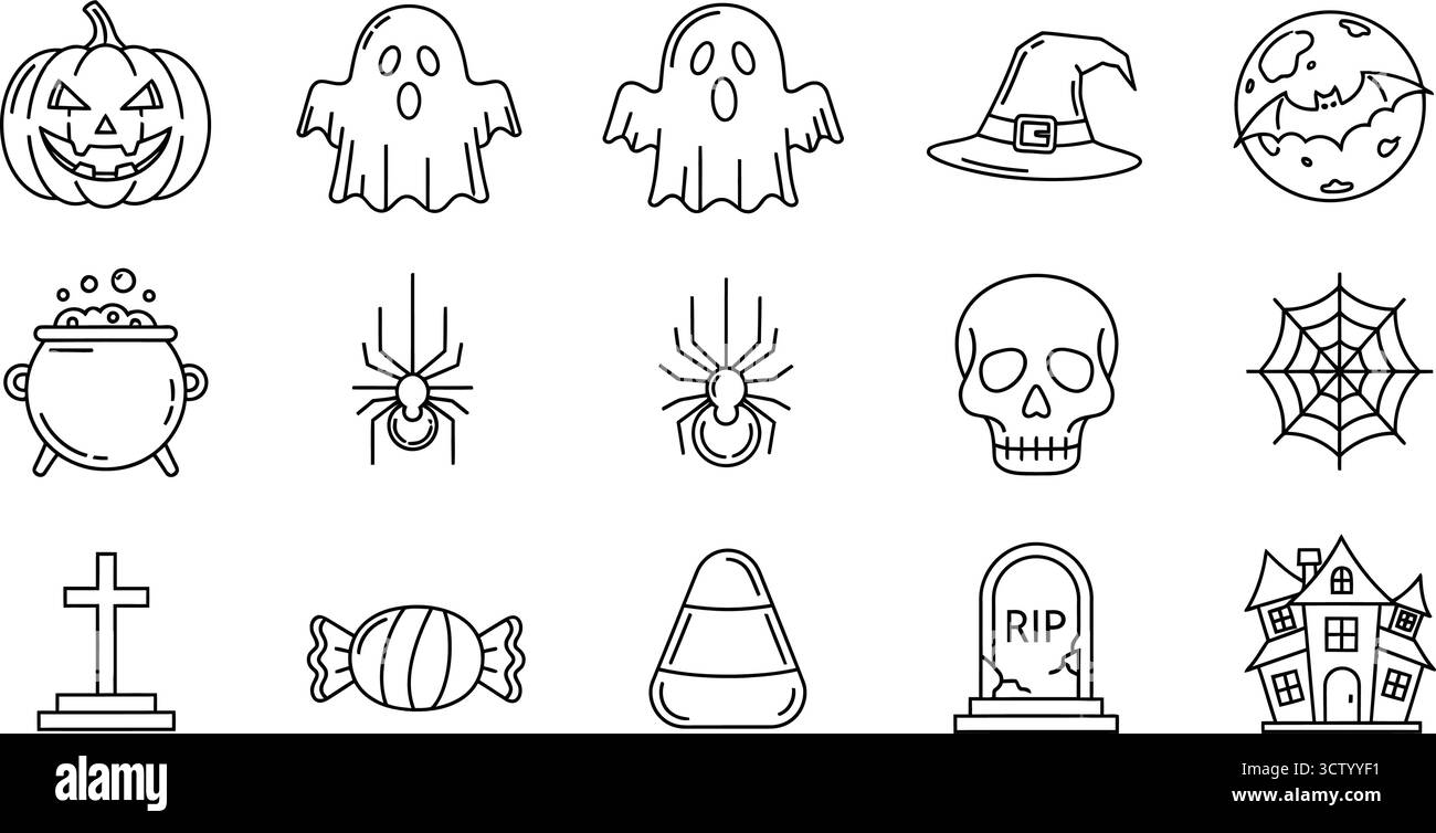Halloween Outline Icon Set Kollektion mit Kürbis, Geist, Hexenhut, Spinne, Schädel, und Süßigkeiten Stock Vektor