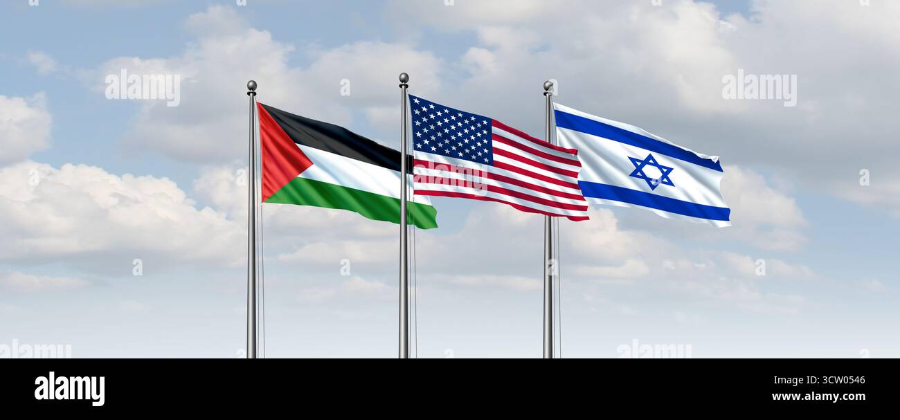 Amerikanisches Israel Palästina-Friedensabkommen zur Lösung einer Nahost-Krise als geopolitischer Konflikt und Krieg zwischen dem palästinensischen und dem israelischen Volk Stockfoto