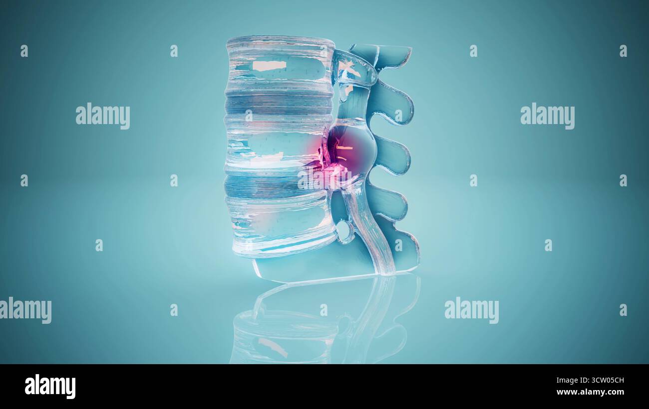 Konzeptionelle 3D-Darstellung eines Bandscheibenvorfalls in der Lendenwirbelsäule Stockfoto