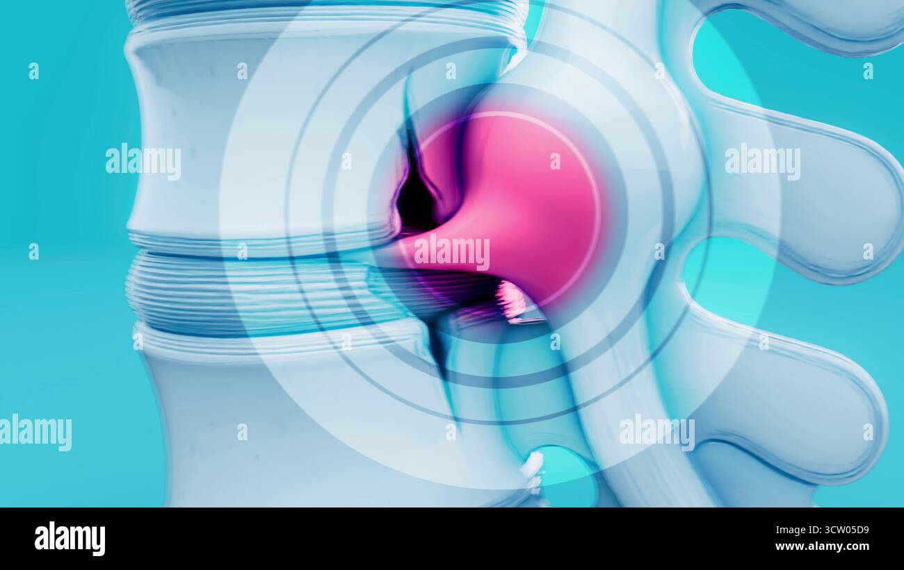 Konzeptionelle 3D-Darstellung eines Bandscheibenvorfalls in der Lendenwirbelsäule Stockfoto