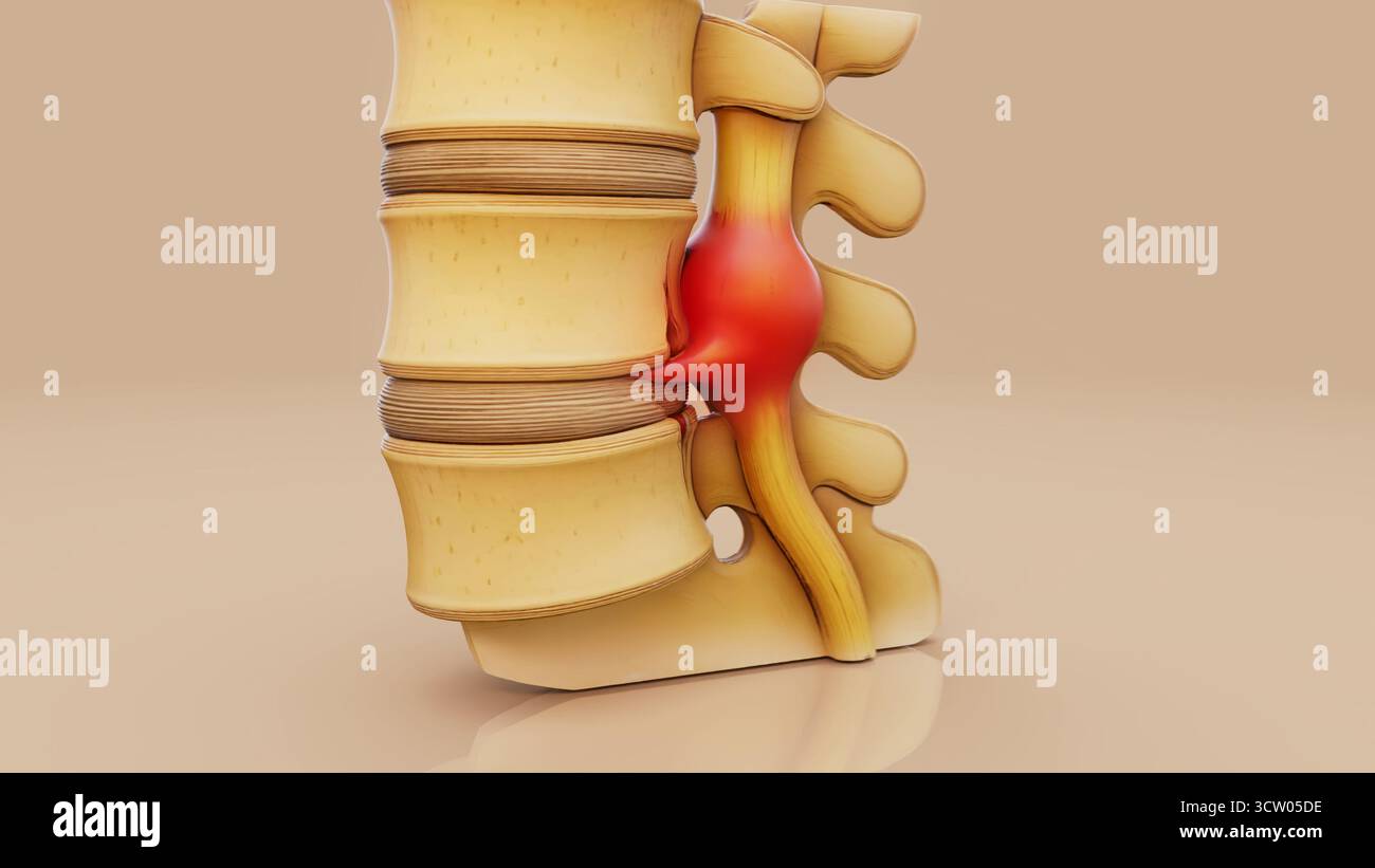 Konzeptionelle 3D-Darstellung eines Bandscheibenvorfalls in der Lendenwirbelsäule Stockfoto