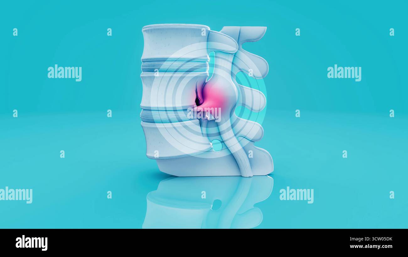 Konzeptionelle 3D-Darstellung eines Bandscheibenvorfalls in der Lendenwirbelsäule Stockfoto