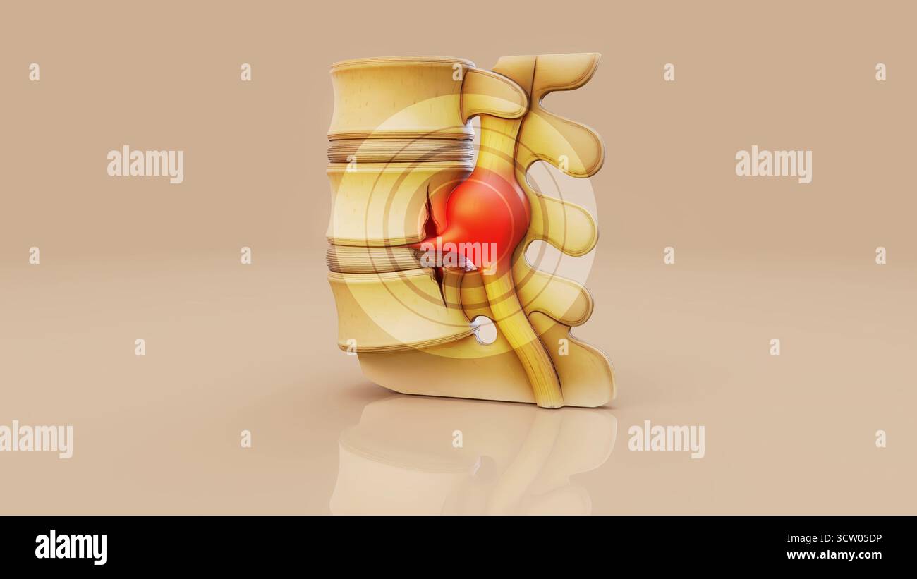 Konzeptionelle 3D-Darstellung eines Bandscheibenvorfalls in der Lendenwirbelsäule Stockfoto