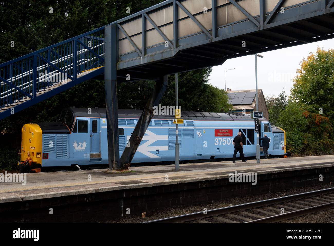 Diesellokomotive der Baureihe 37 Nr. 37501 „Teesside Steelmaster“ am Bahnhof Hatton, Warwickshire, England, Großbritannien Stockfoto