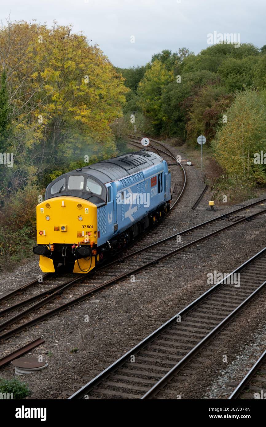 Diesellokomotive der Baureihe 37 Nr. 37501 „Teesside Steelmaster“ in Hatton, Warwickshire, England, Großbritannien Stockfoto