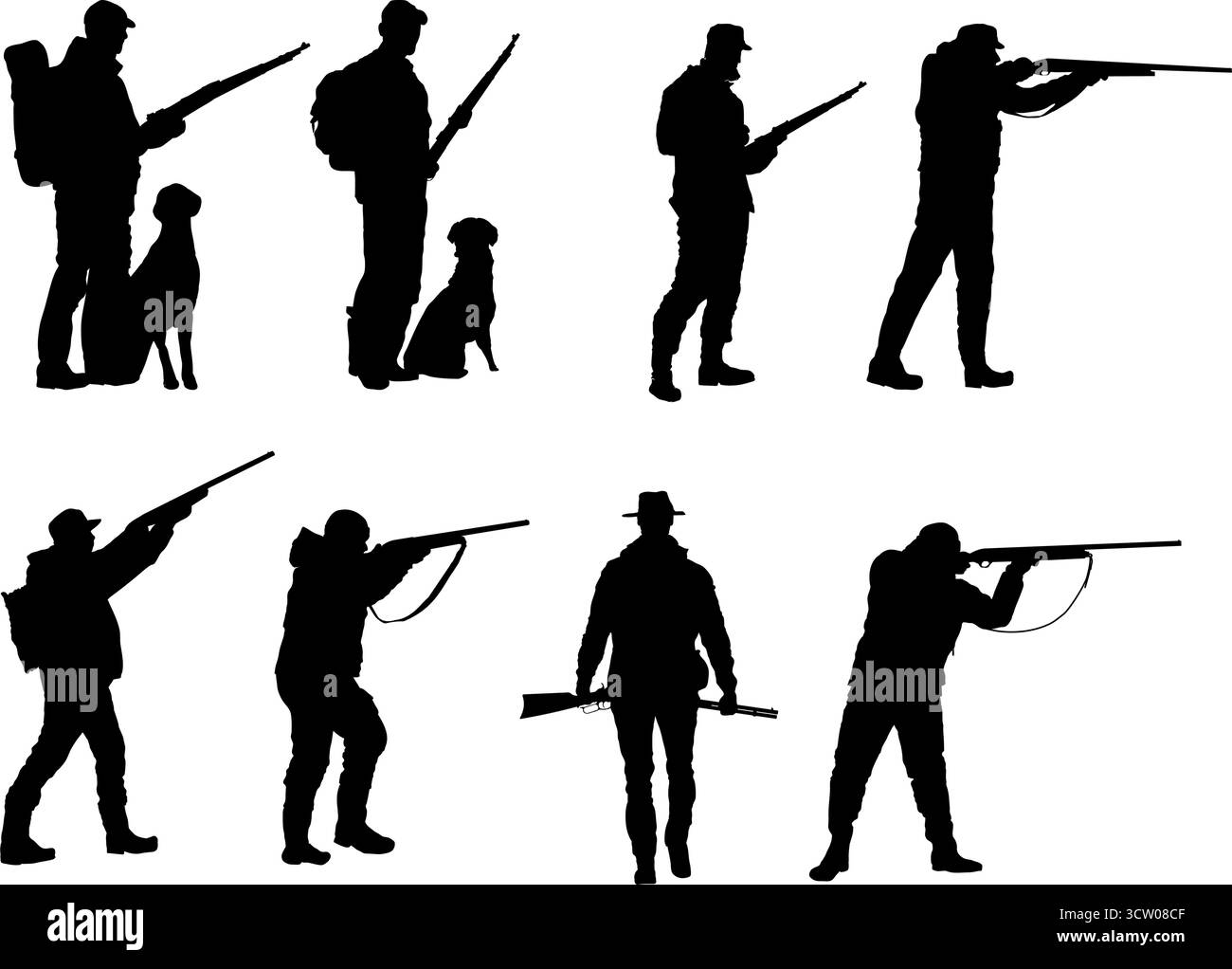 Set von Jägersilhouetten mit Gewehr und Hund, Vektor-Illustration Stock Vektor