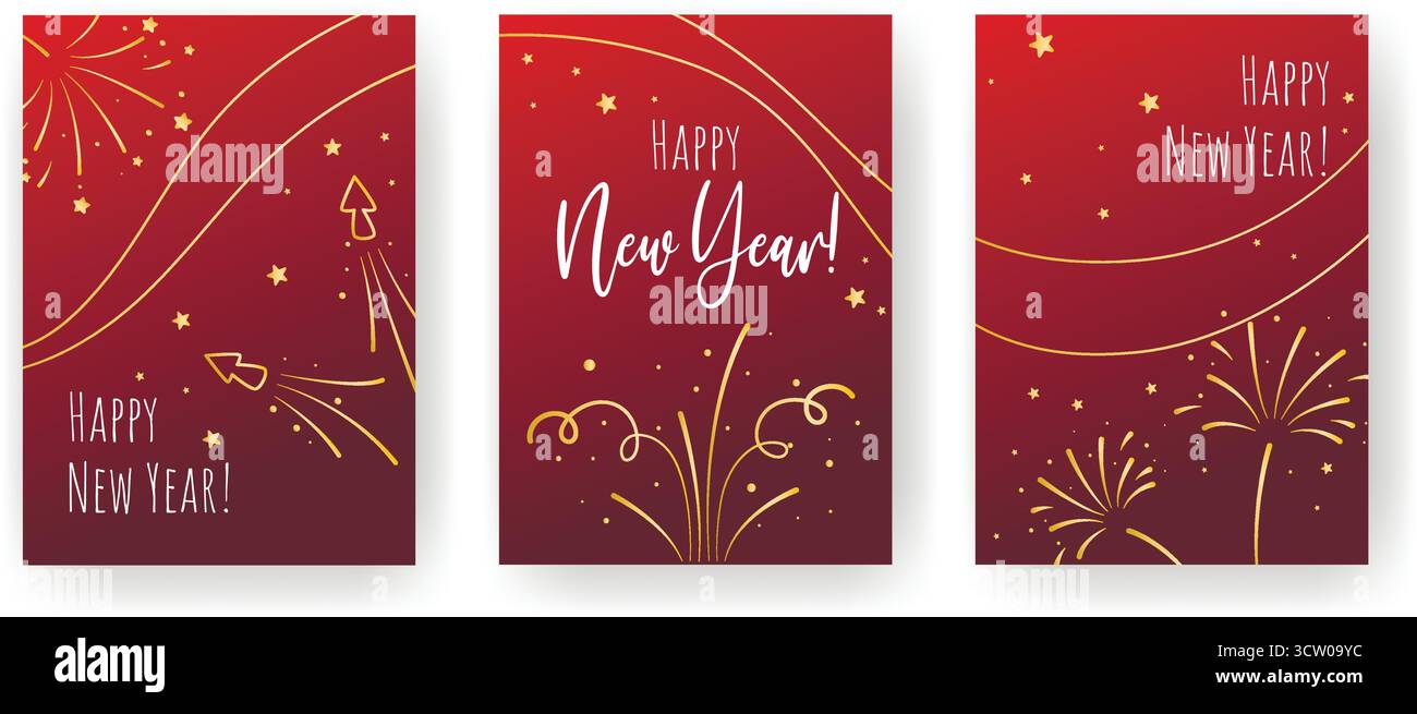 Grußkarten-Set „Happy New Year“. Kartendesign mit goldenem Feuerwerk, Sternen und Glückwunschtext. Vektorgrafiken Stock Vektor