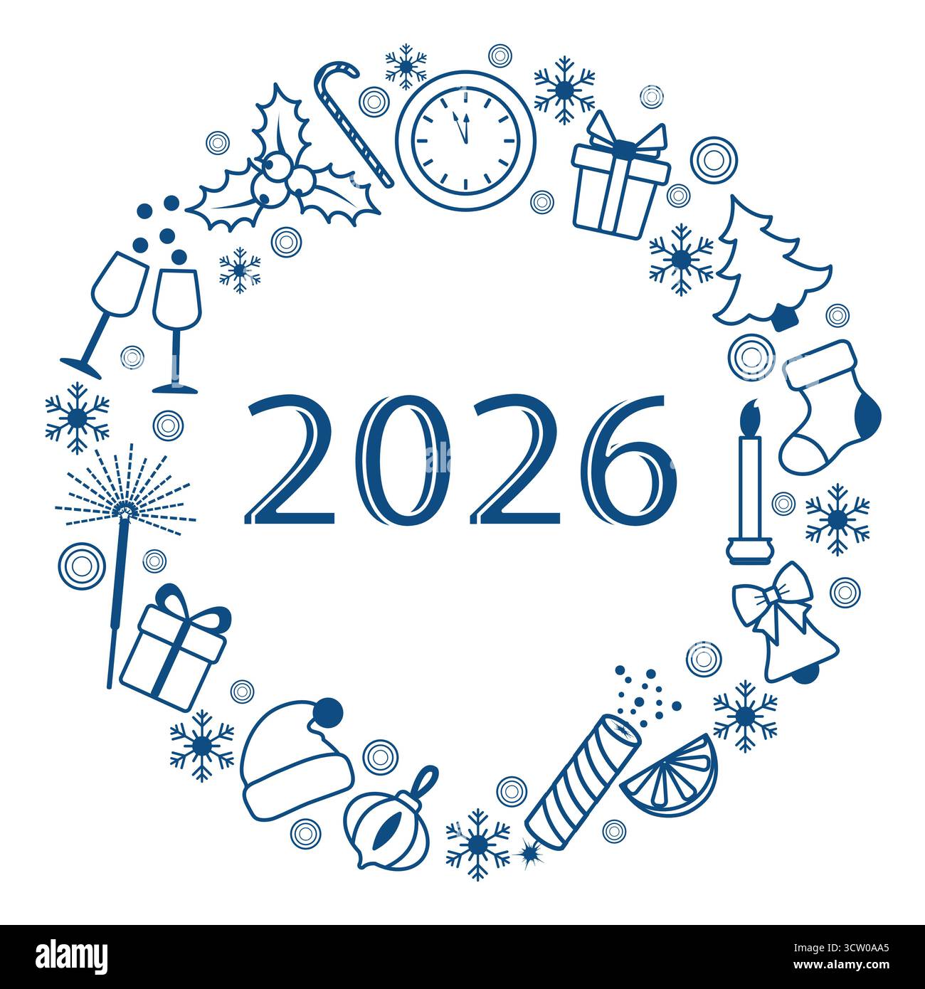 Neujahrskranz 2026 mit Feiertagsymbolen im kreisförmigen Design Hintergrund Vektor Stock Vektor