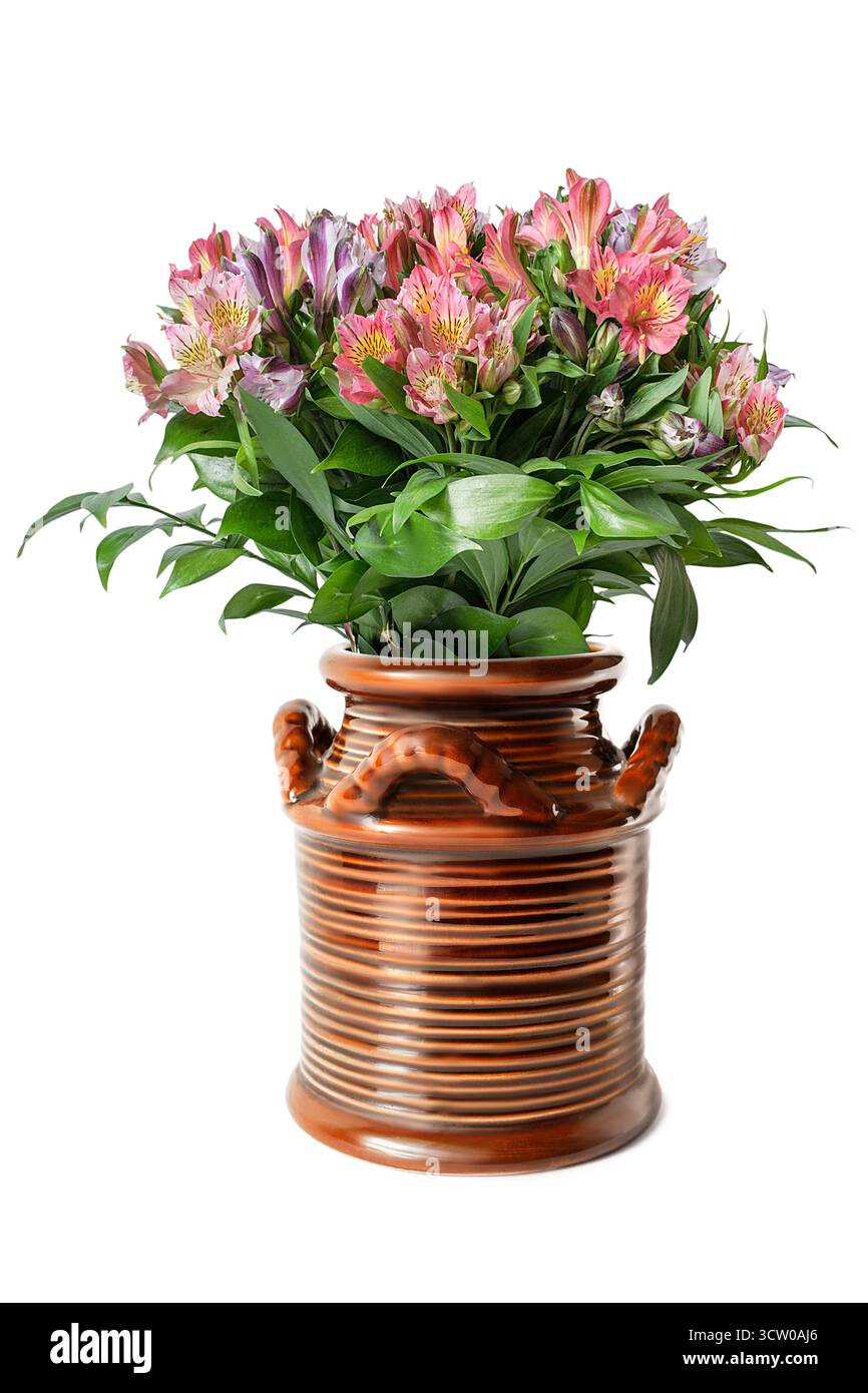 Alstroemerieblüten in brauner Keramikvase isoliert über weiß Stockfoto Alstroemerieblüten in brauner Keramikvase isoliert über weiß Stockfoto