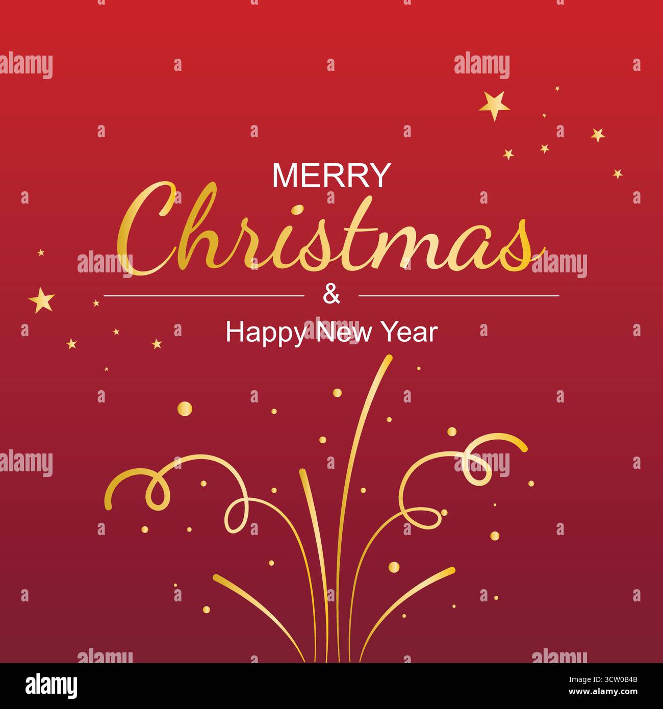 Frohe Weihnachten und frohes neues Jahr. Grußkarte mit Feuerwerk, Sternen und Text. Quadratischer roter Hintergrund mit goldenem Dekor, Vektorgrafik Stock Vektor