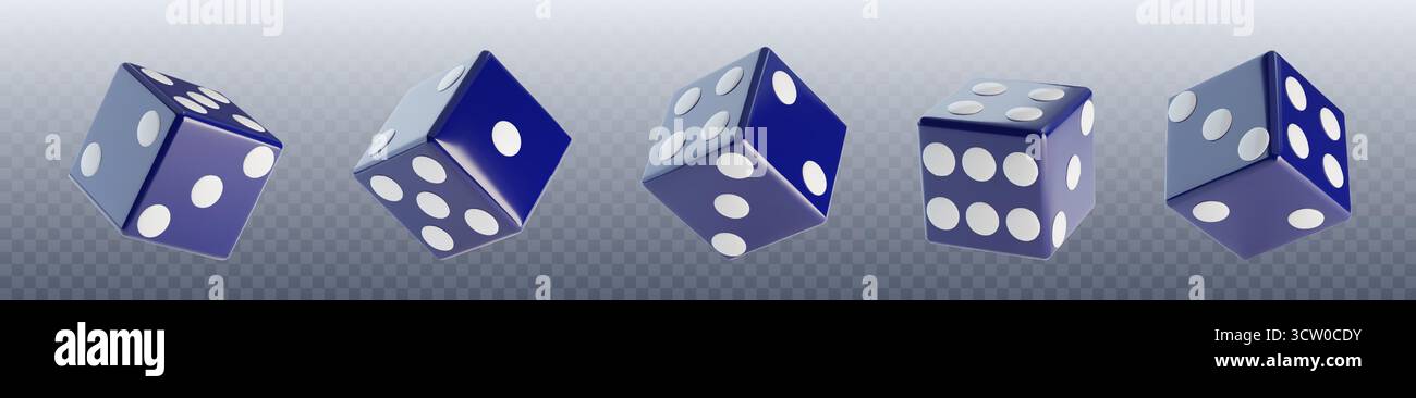 3D-Würfelsammlung in Blau mit weißen Punkten aus verschiedenen Winkeln auf transparentem Hintergrund. Realistische Würfel mit verschiedenen nummerierten Gesichtern für Casino-, Gaming- oder Wahrscheinlichkeitsdarstellungen. Stock Vektor