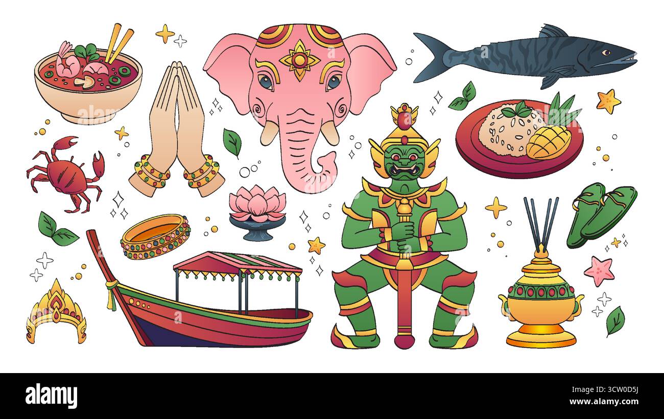 Thailändische Kulturelemente mit rosa Elefanten Ganesh Gott, grünem Yaksha Dämonenwächter, Hände in Wai Gruß und traditionellem Boot für exotische Reiseillustrationen. Orientalische Festivaldekoration. Stock Vektor