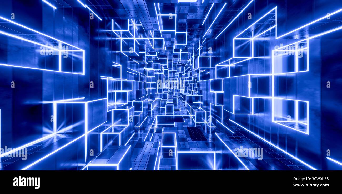 SCI-fi-Thema der futuristischen Technologie, abstrakter blauer Hintergrund mit leuchtendem Gitter- und Würfelmuster, endloser digitaler Korridor für Internetverbindung A Stockfoto