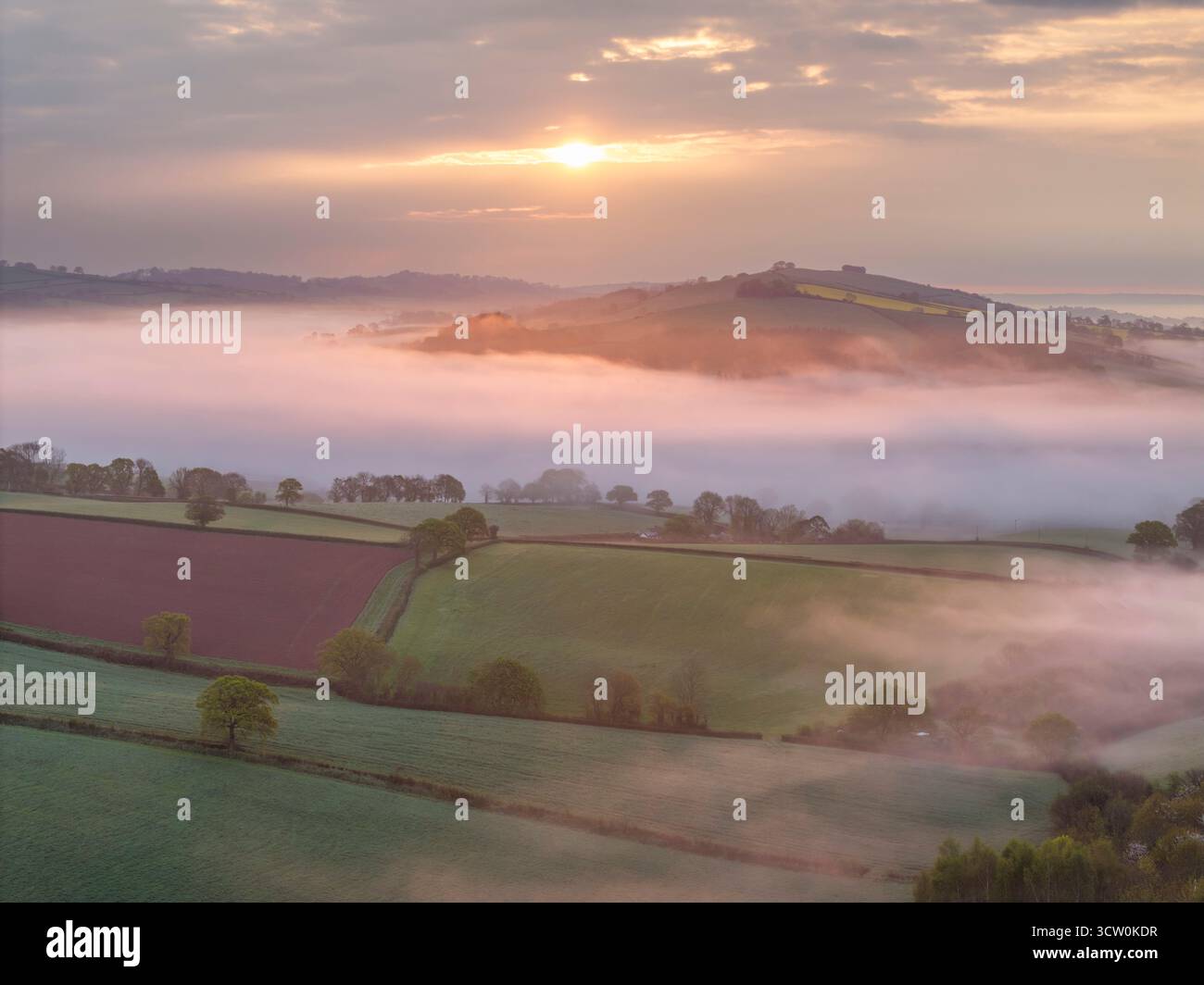 Wunderschöne Landschaft an einem nebeligen Morgen, Mid Devon, England. Frühjahr (April) 2025. Stockfoto