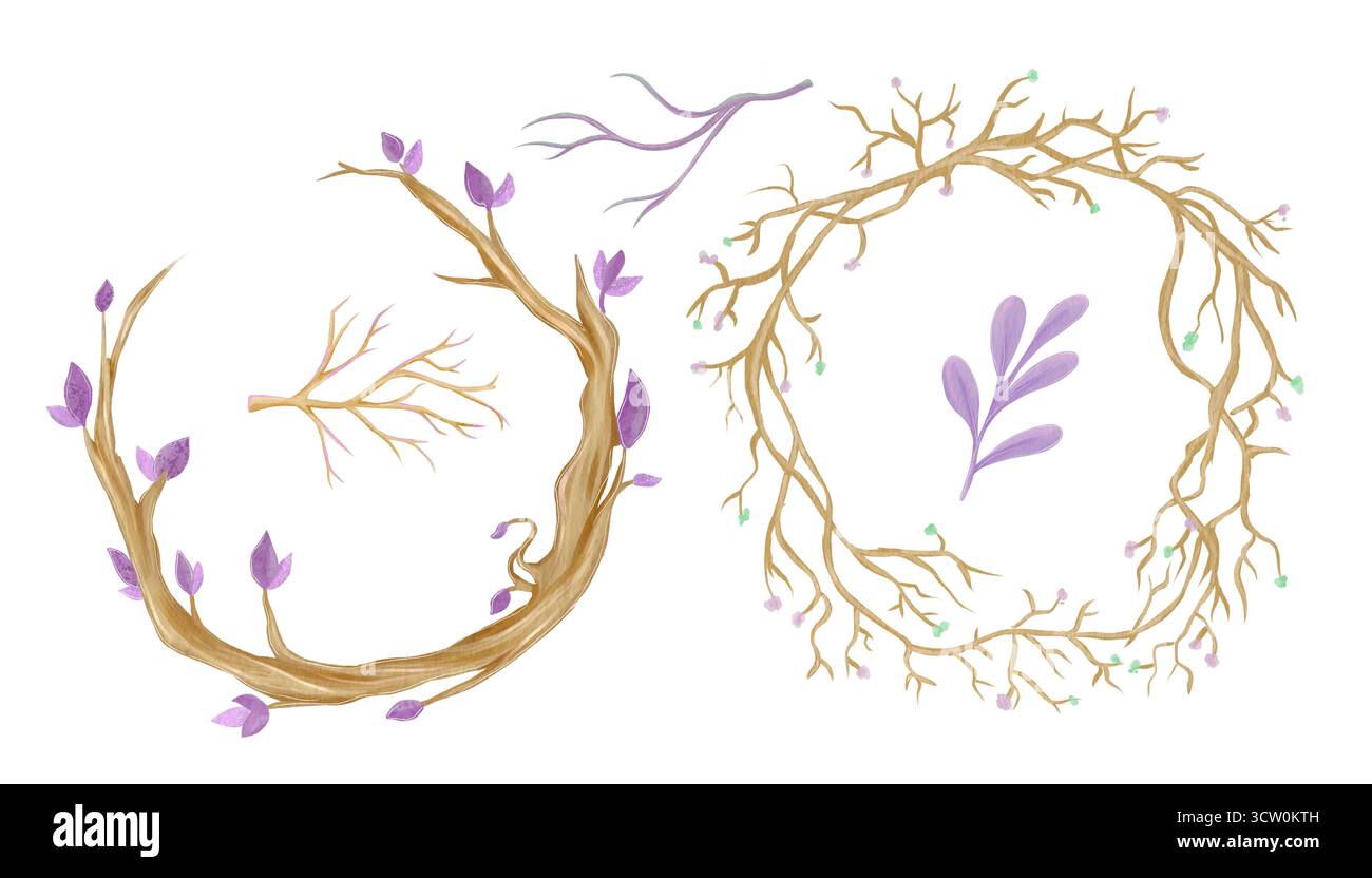 Eine Sammlung von Kränzen aus Zweigen, Blättern und trockenen Zweigen. Aquarellillustrationen der Herbst- und Frühlingsblume. Stockfoto