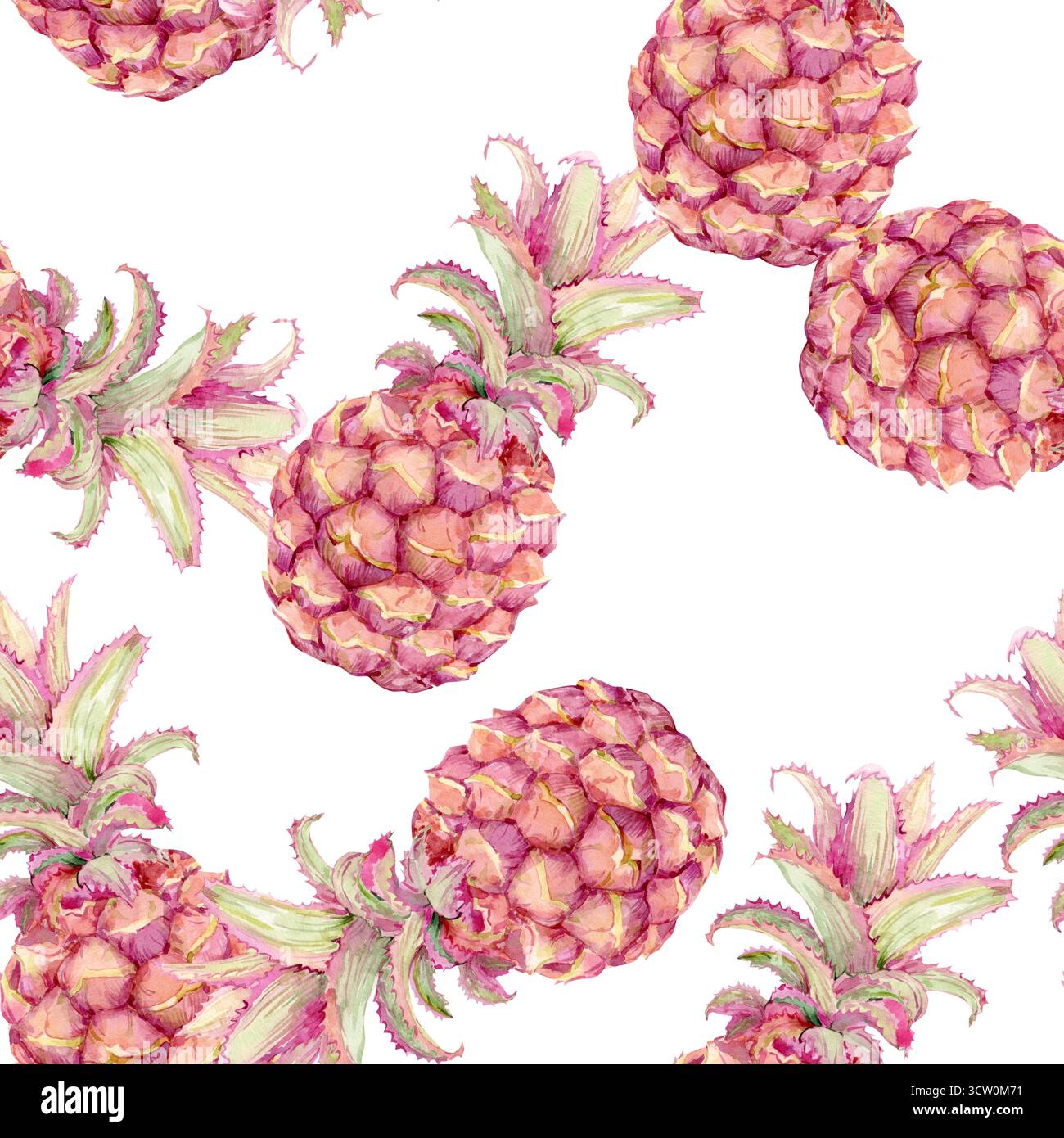 Nahtloses Aquarellmuster mit Ananas. Rosafarbene Mini-Ananas isoliert auf Hintergrund. Illustration für Textilien, Geschenkpapier, Umschläge und Sommermotive. Tropischer Dschungel und karibischer Stil. Stockfoto