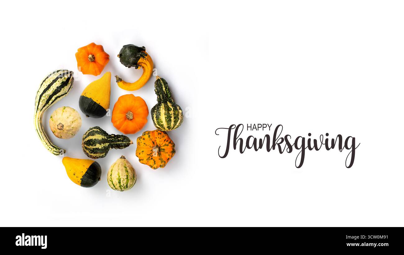 Happy Thanksgiving Karte, Sammlung von Kürbissen isoliert auf weißem Hintergrund Stockfoto