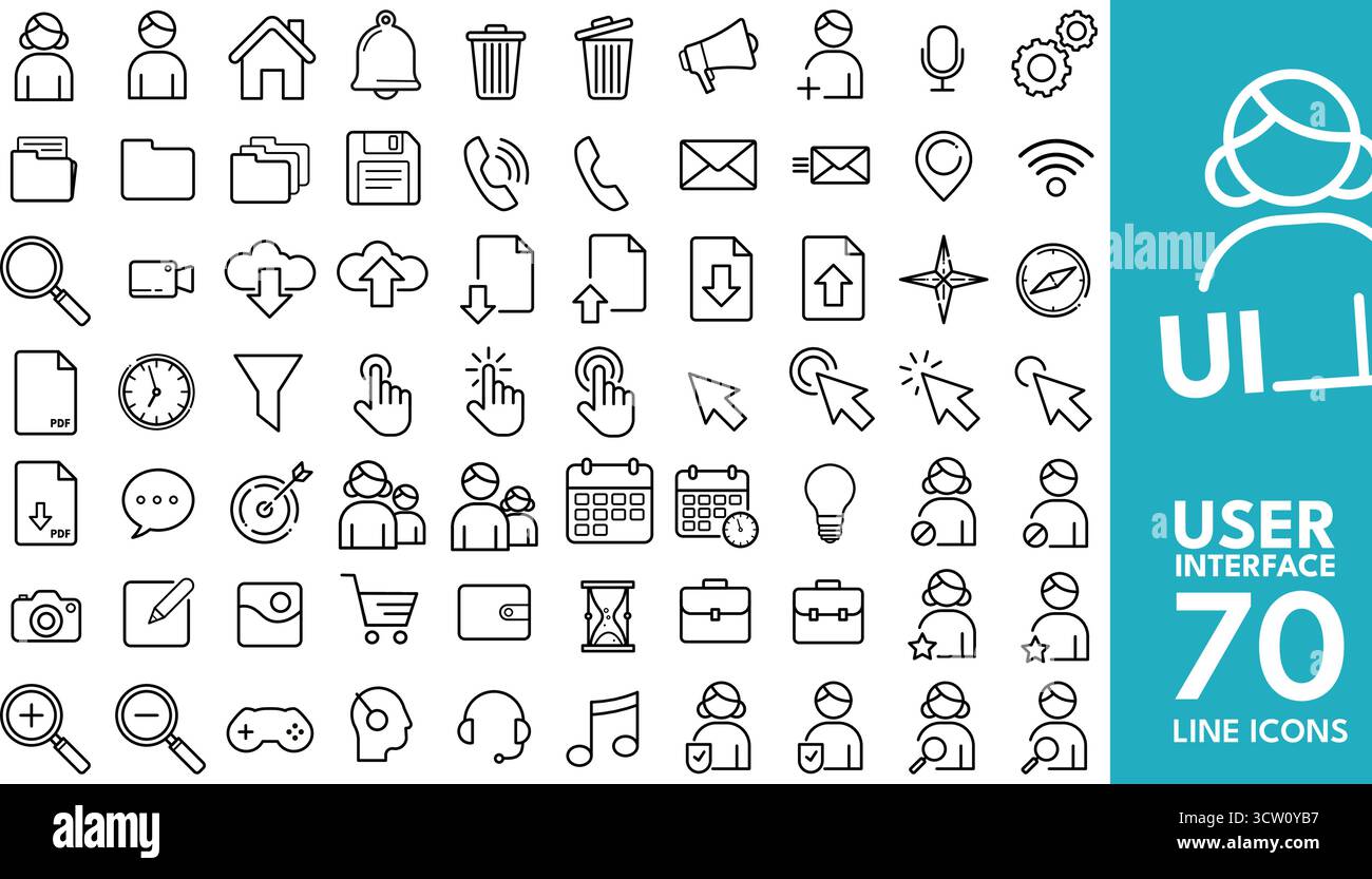 Benutzeroberfläche Sammlung Von 70 Zeilen-Symbolen Stock Vektor