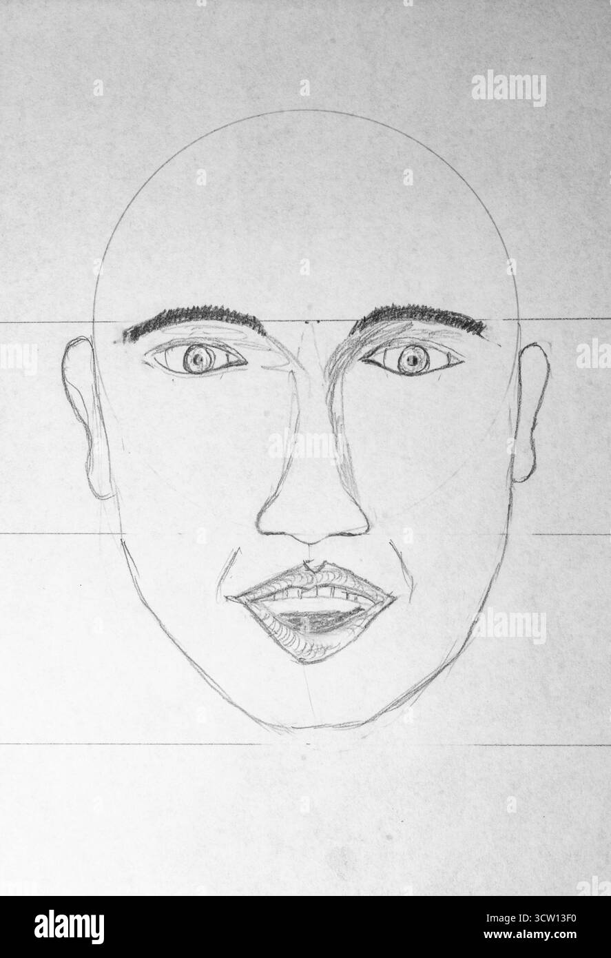 Detaillierte Graphit-Bleistiftzeichnung, die eine Vorderansicht des Glatzgesichts mit präzisen anatomischen Positionierungsrichtlinien zeigt Stockfoto