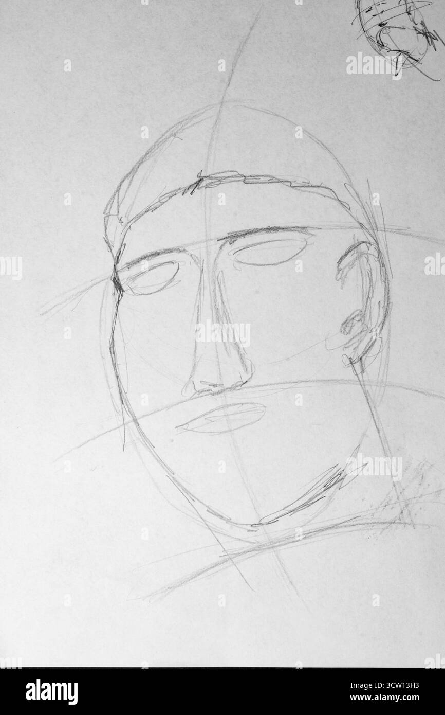 Detaillierte Graphit-Bleistiftzeichnung, die eine Vorderansicht des Glatzgesichts mit präzisen anatomischen Positionierungsrichtlinien zeigt Stockfoto