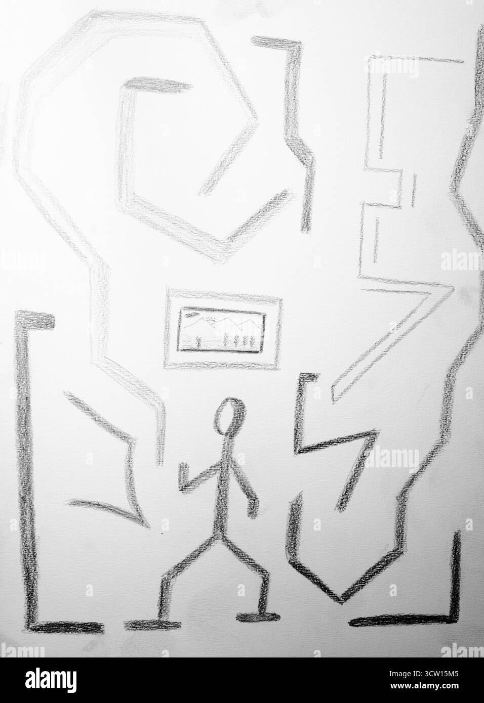 Minimalistische einfarbige Bleistiftzeichnung, die eine stilisierte Figur zeigt, die durch ein komplexes abstraktes Labyrinth aus scharfen geometrischen Formen navigiert Stockfoto