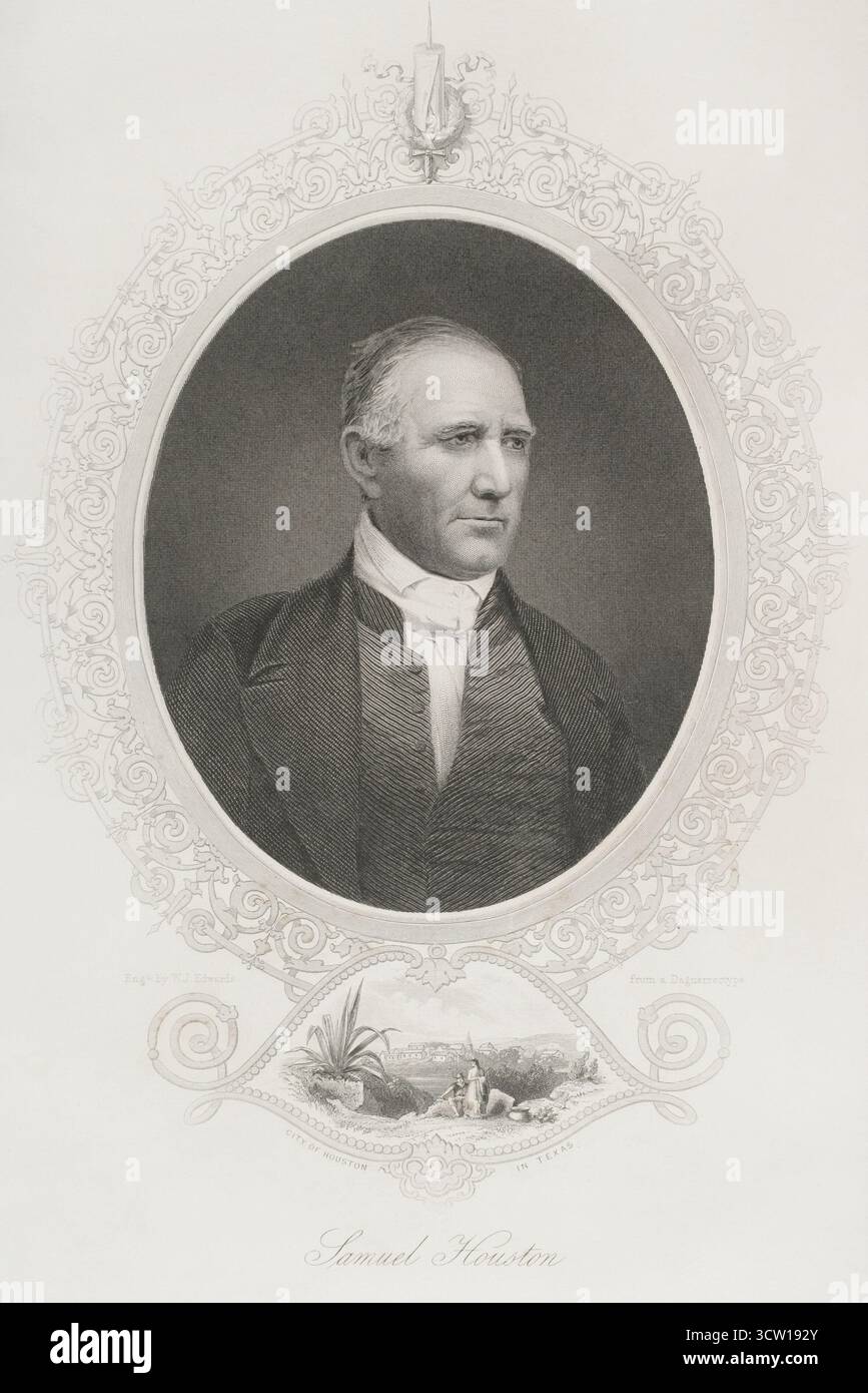 Sam Houston (Samuel Houston) (1793-1863). US-amerikanischer General und Staatsmann, der eine bedeutende Rolle in der Texas Revolution (1835–1836) spielte. Er war der erste und dritte Präsident der Republik Texas (1836–1838, 1841–1844) und einer der ersten beiden Personen, die Texas im Senat der Vereinigten Staaten repräsentierten. Hochformat. Kupferstich von W.J. Edwards (Fl. 1840-1863) aus einer Daguerreotypie. Geschichte der Vereinigten Staaten von Amerika, von J. A. Spencer. Band II. Ausgabe in Barcelona, 1873. Stockfoto