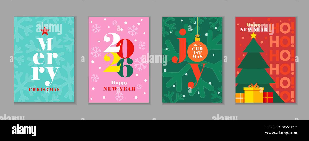 Set mit Modern-Postern für frohe Weihnachten und kreativen Karten für das neue Jahr 2026. Weihnachtskonzepte für Silvesterparty 2026 mit Schneeflocke und Weihnachtsdekor Stock Vektor
