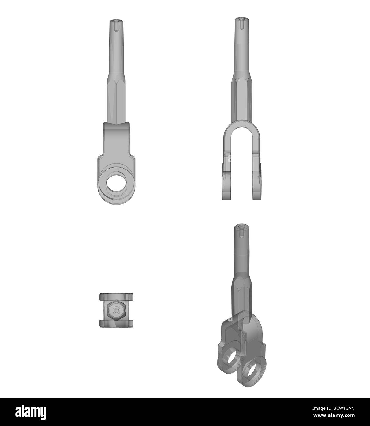 cad-Zugstangensystem, Bohrschraubengabel, Konnektivitätsklemmen Hardware, technische Zeichnung in 3D Stockfoto
