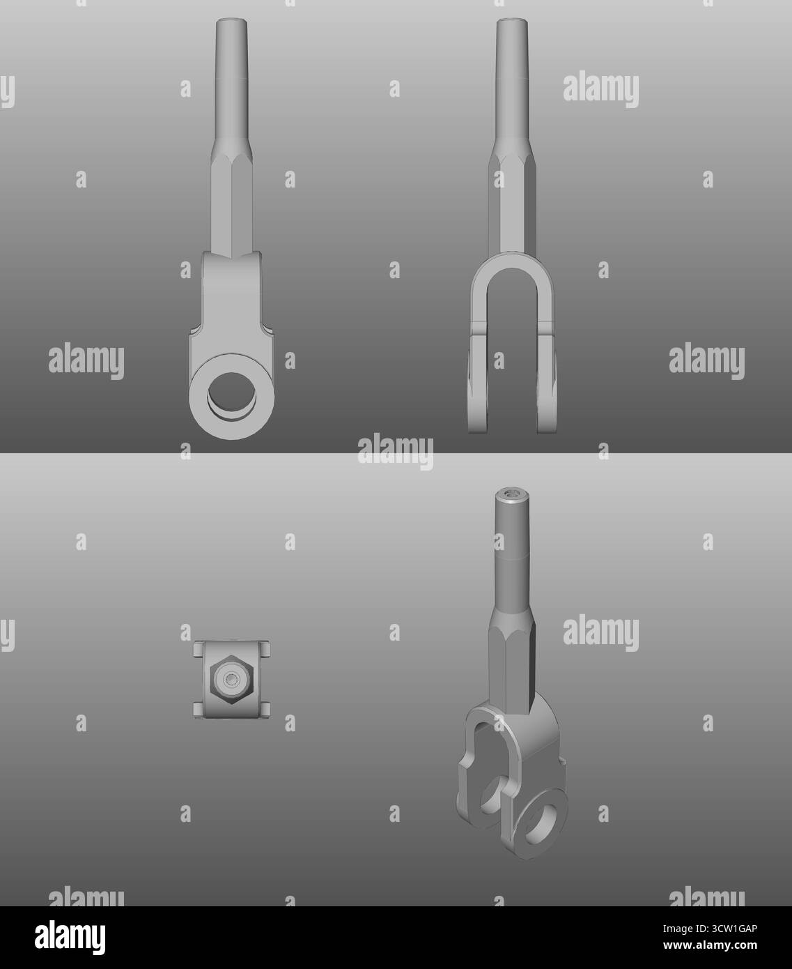 cad-Zugstangensystem, Bohrschraubengabel, Konnektivitätsklemmen Hardware, technische Zeichnung in 3D Stockfoto
