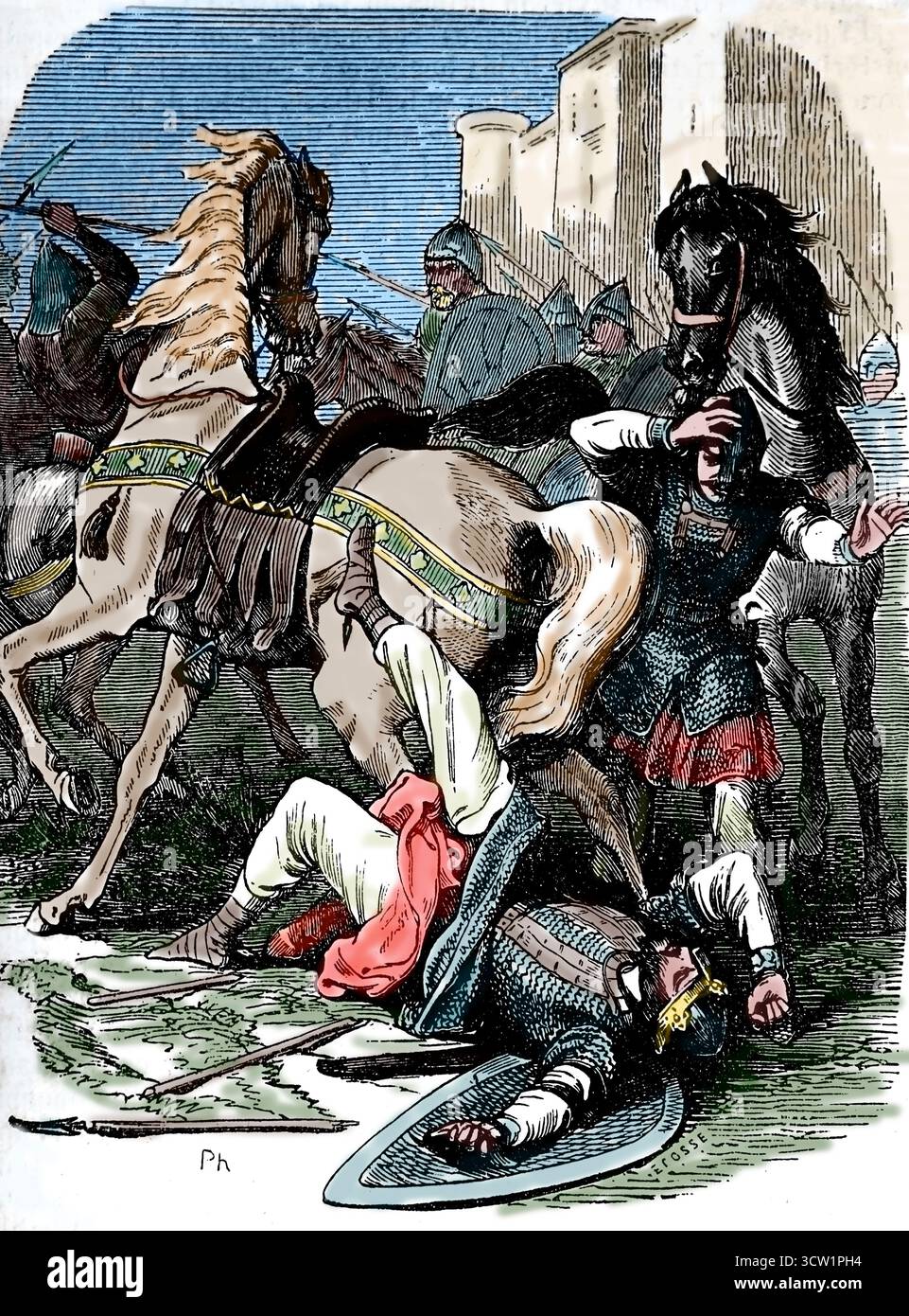 könig wurde von seinem eigenen Sohn vom Pferd geworfen. Stich, 19. Jahrhundert. Stockfoto