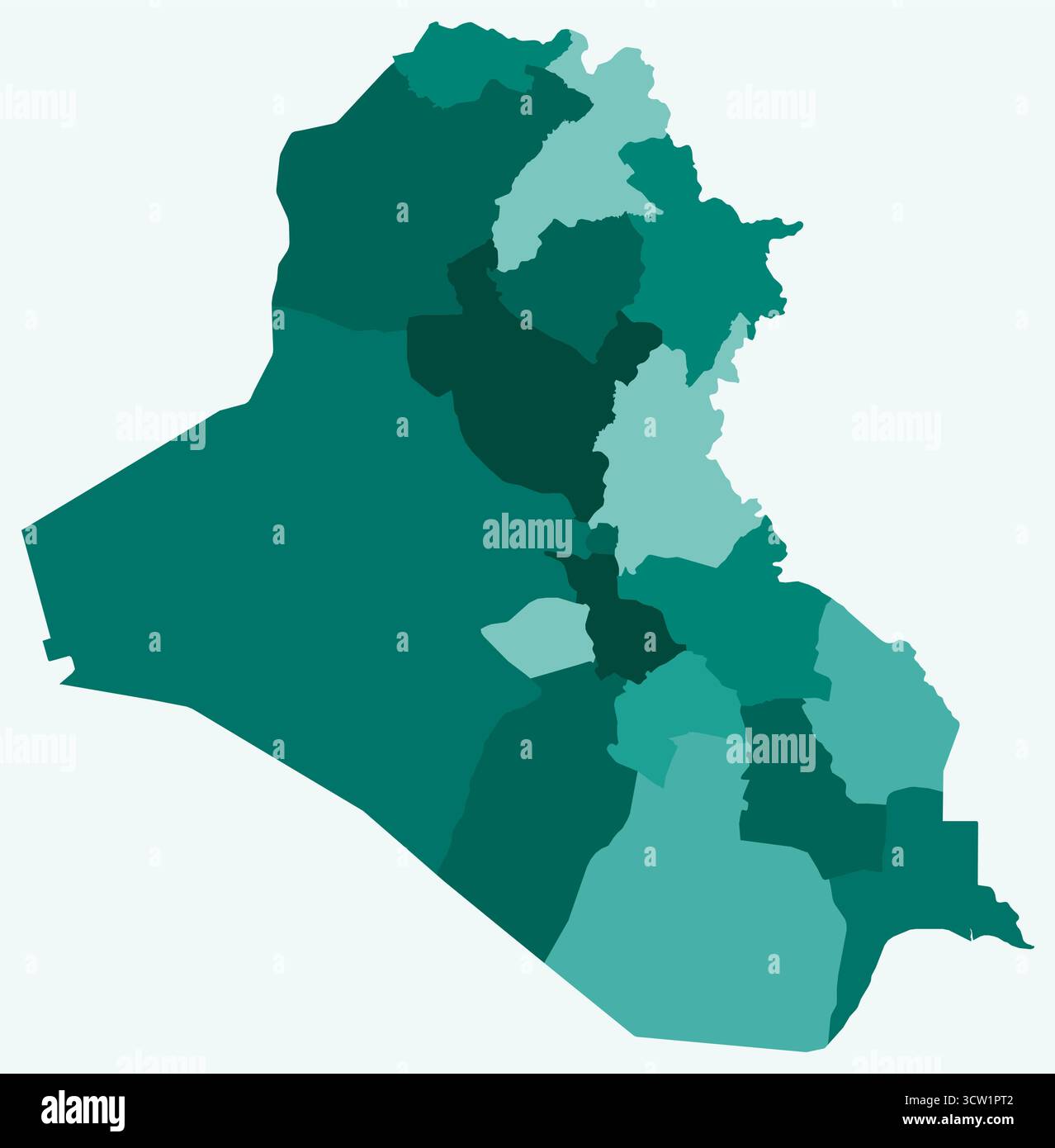 Karte des Irak mit Regionen. Nur eine einfache Ländergrenzkarte mit regionaler Aufteilung. Farbpalette Petrol. Klare irakische Form mit administrativer Teilung. Stock Vektor