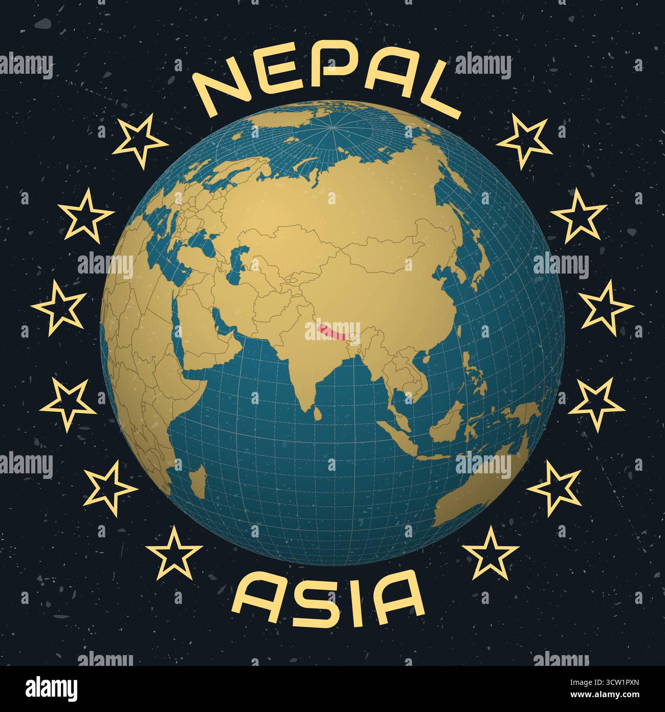 Nepal auf Globe. Runder Text für Ländernamen. Vintage-Look mit zerkratzter Grunge-Textur. Länderansicht auf Weltkarte in der Farbpalette Sky Blue Light Yellow. Stock Vektor