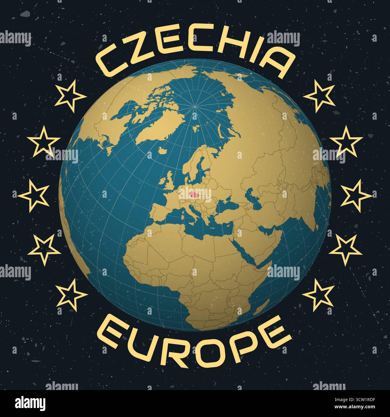 Tschechien auf Globe. Ländername in rundem Text. Vintage-Look mit zerkratzter Grunge-Textur. Stock Vektor