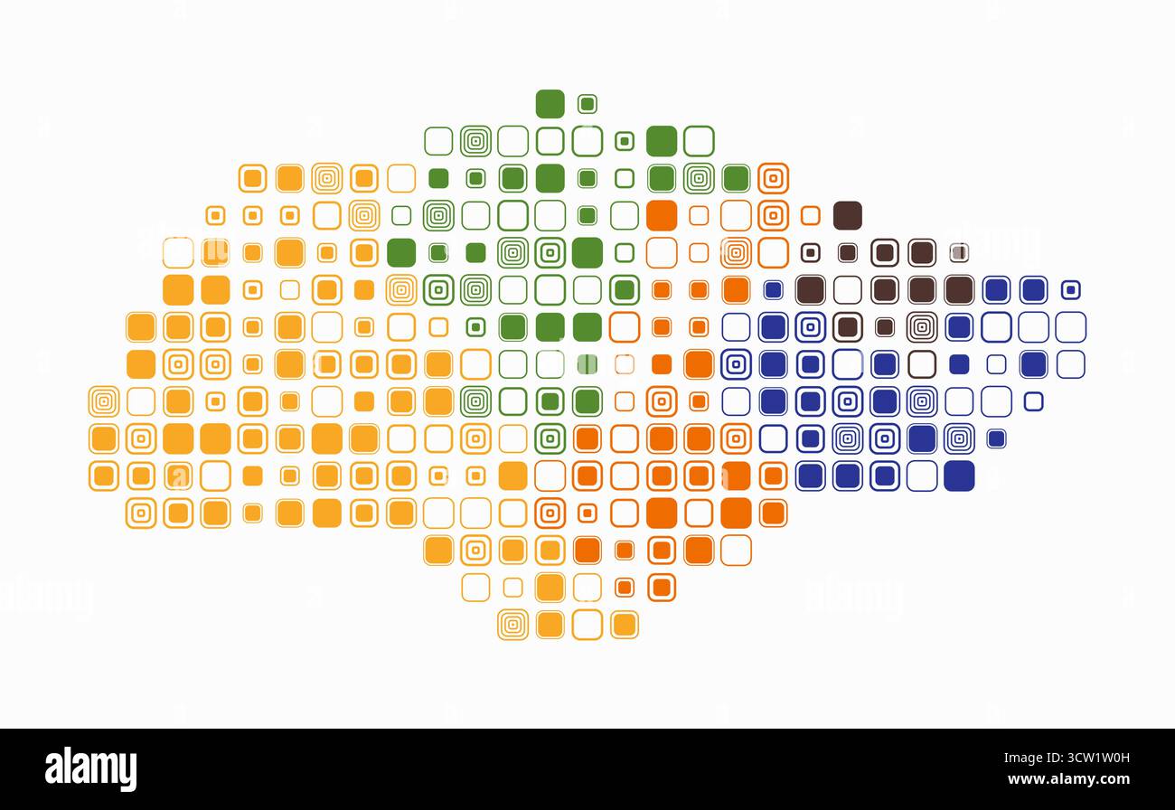 Singapur, die Form des Landes, gebaut aus farbigen Zellen. Digitale Karte von Singapur auf weißem Hintergrund. Große abgerundete quadratische Blöcke. Stock Vektor