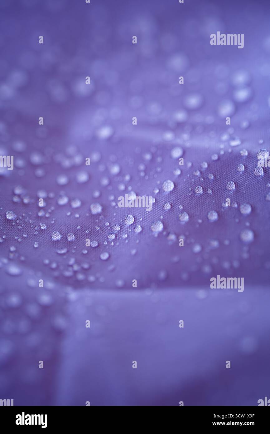 Wassertropfen auf einem wasserdichten oder abweisenden violetten Textilgewebe. Nahaufnahme, Makroaufnahme, geringe Schärfentiefe, keine Leute Stockfoto