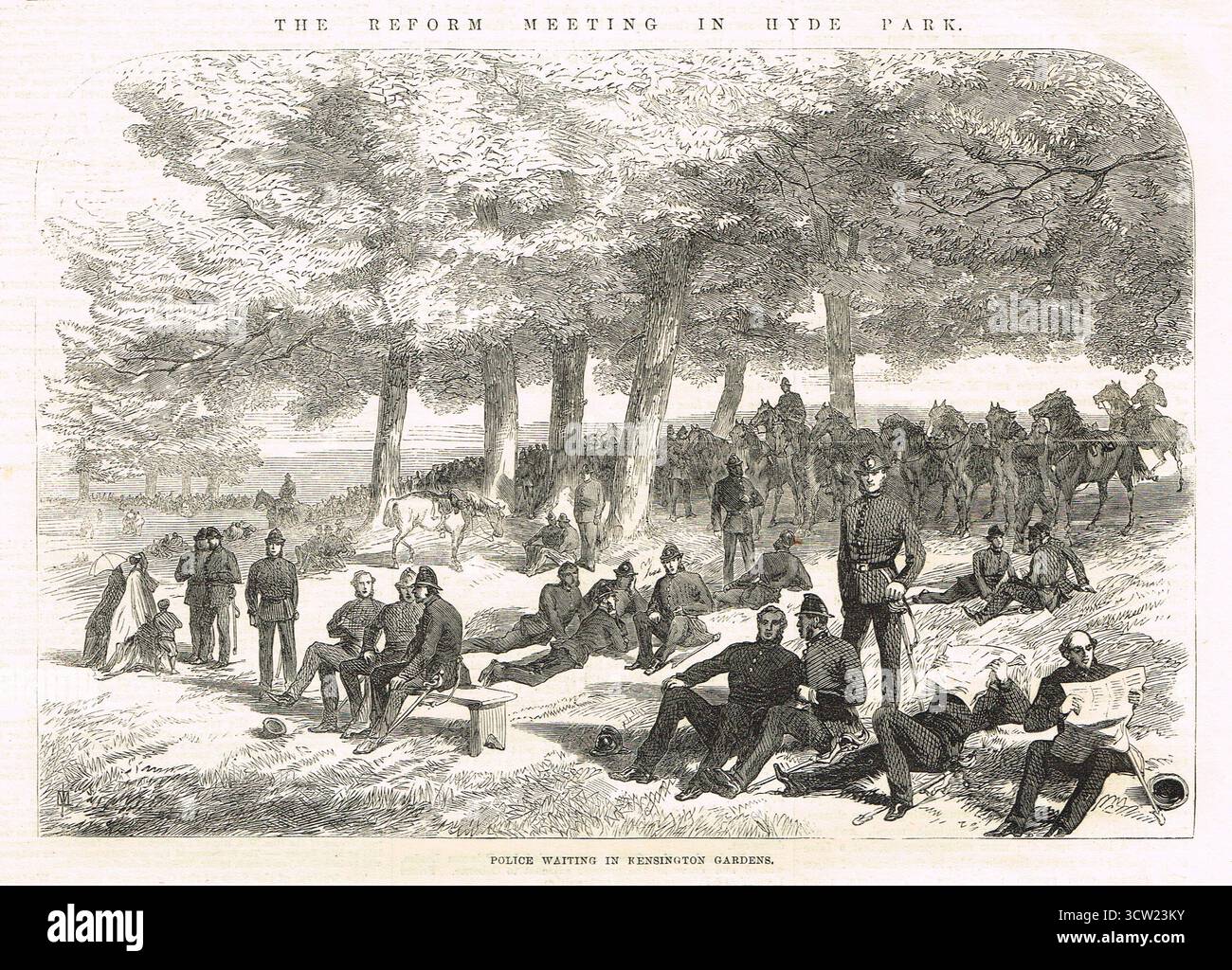 Das Reformtreffen im Hyde Park, 6. Mai 1867. Die Polizei wartet in Kensington Gardens Stockfoto