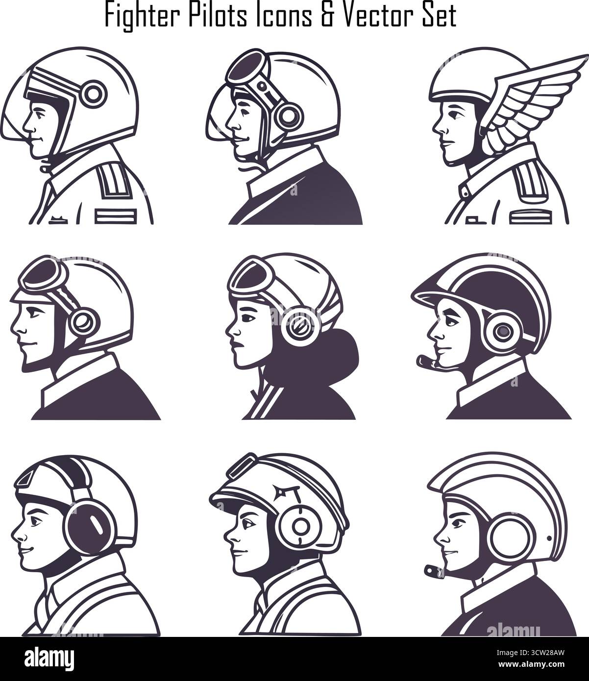 Kampfflugzeuge Symbole setzen Vektor-Illustration von militärischen Piloten und Luftwaffe Symbole Stock Vektor